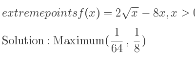 The extreme points of f(x)=2sqrt(x)-8x,x> 0 are Maximum(1/64 , 1/8)